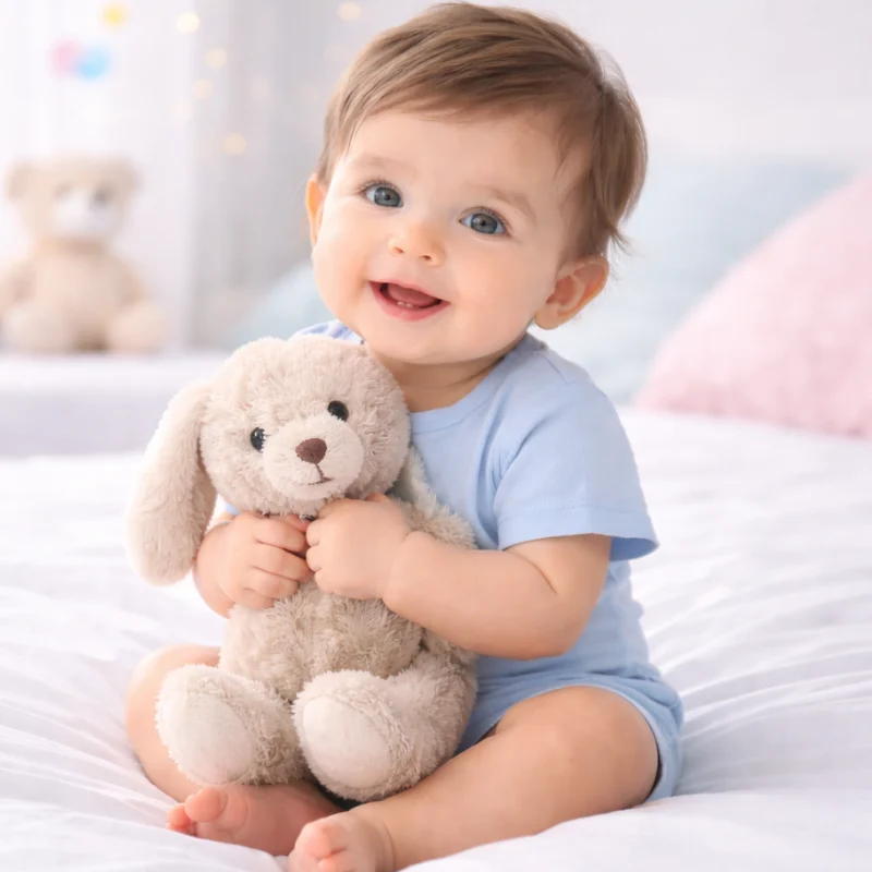 Smiling baby boy with teddy bear – baby boy names