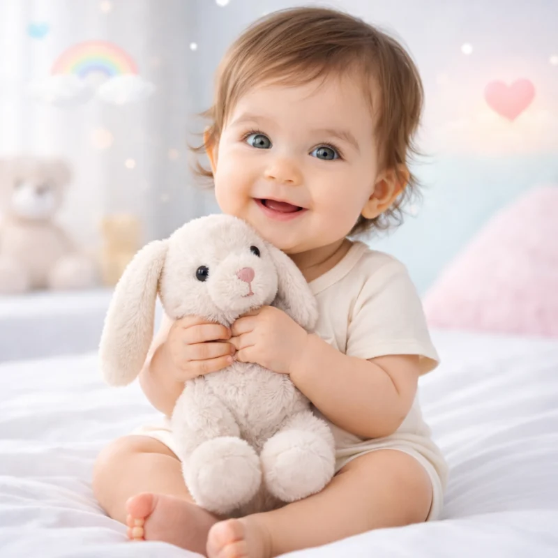 Smiling baby with teddy bear – unisex baby names